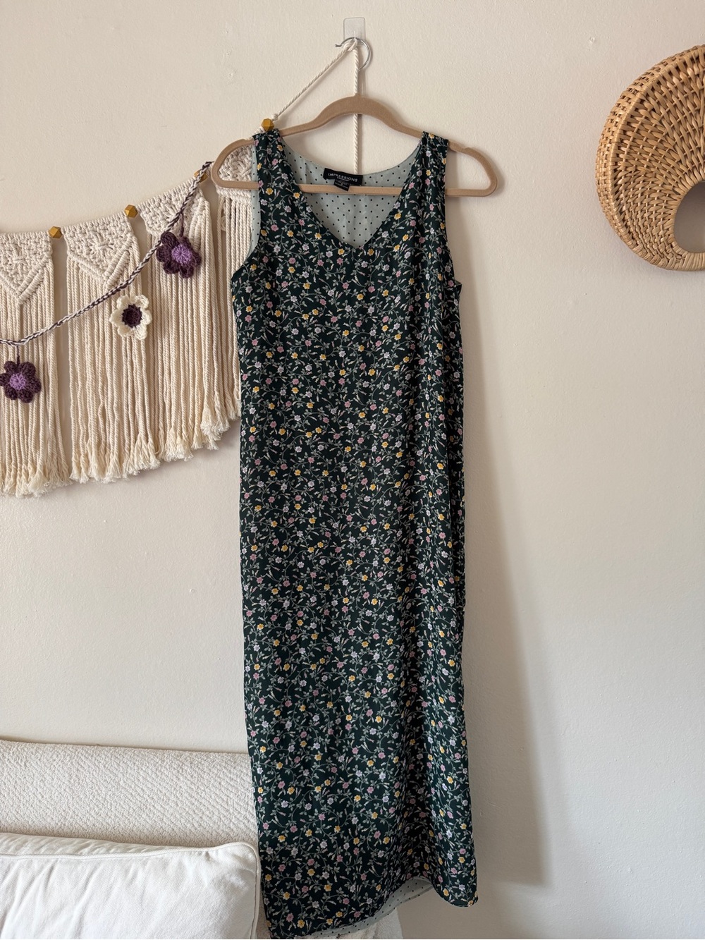 Impressions Dark Green Floral Maxi Dress with Pink & Yellow Blossoms